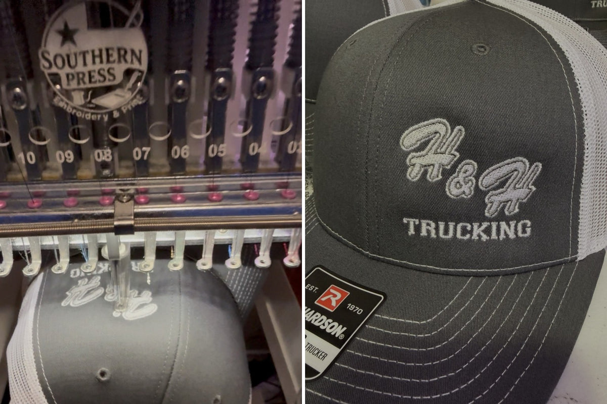 Southern Press embroidery machine stitching an H&H Trucking hat, and the finished hat