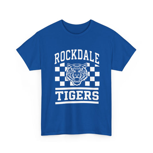 Rockdale Tigers School Spirit T-Shirt — Mascot Tee with Checkerboard Design