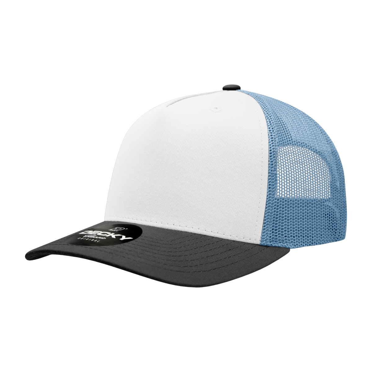 Decky 6030 5 Panel Mid Profile Structured Cotton Blend Trucker - Black/White/Sky