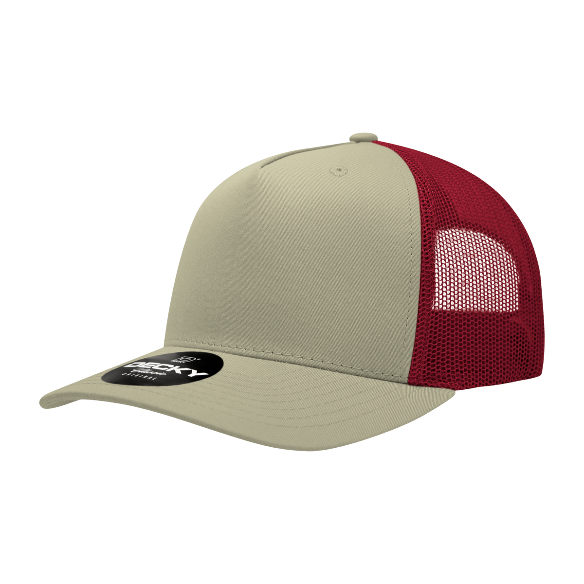Decky 6030 5 Panel Mid Profile Structured Cotton Blend Trucker - Khaki/Cardinal
