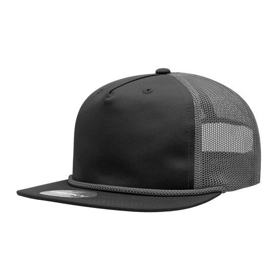 Decky Black/Charcoal / Standard 5 Panel High Profile Relaxed Cotton Blend Trucker w/Rope