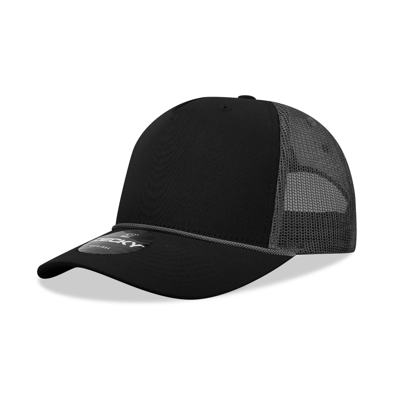 Decky Black/Charcoal / Standard 5 Panel Mid Profile Structured Cotton/Poly Blend Trucker w/Rope