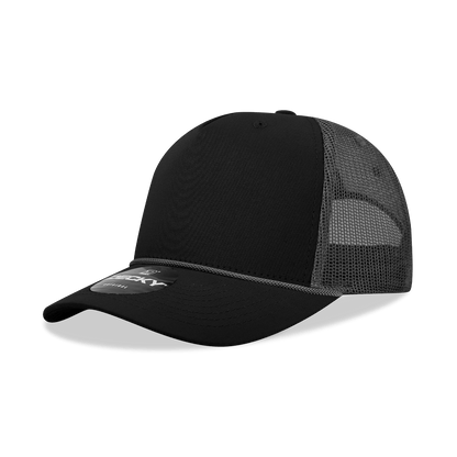 Decky Black/Charcoal / Standard 5 Panel Mid Profile Structured Cotton/Poly Blend Trucker w/Rope