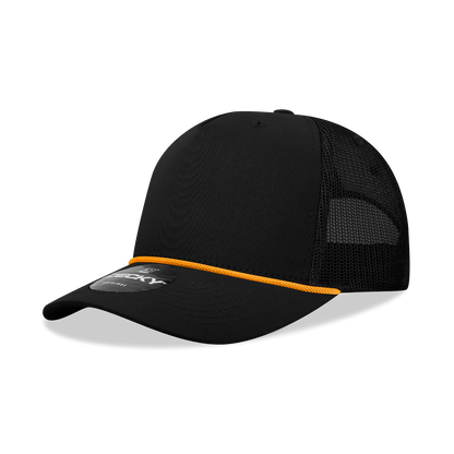 Decky Black/Gold / Standard 5 Panel Mid Profile Structured Cotton/Poly Blend Trucker w/Rope