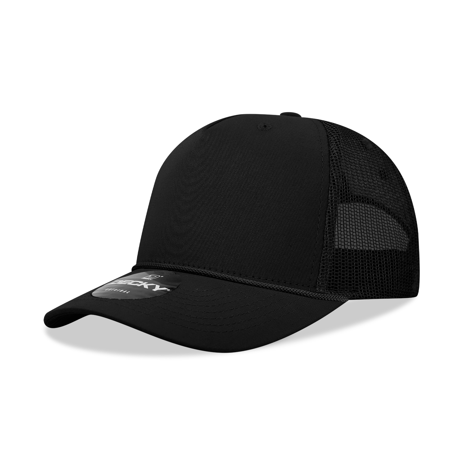 Decky Black / Standard 5 Panel Mid Profile Structured Cotton/Poly Blend Trucker w/Rope