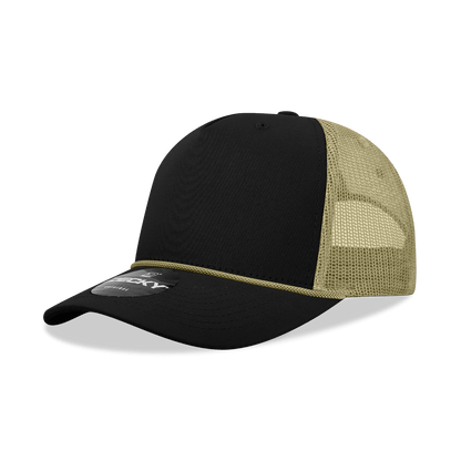 Decky Black/Vegas Gold / Standard 5 Panel Mid Profile Structured Cotton/Poly Blend Trucker w/Rope