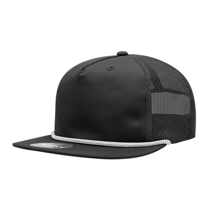 Decky Black/White / Standard 5 Panel High Profile Relaxed Cotton Blend Trucker w/Rope