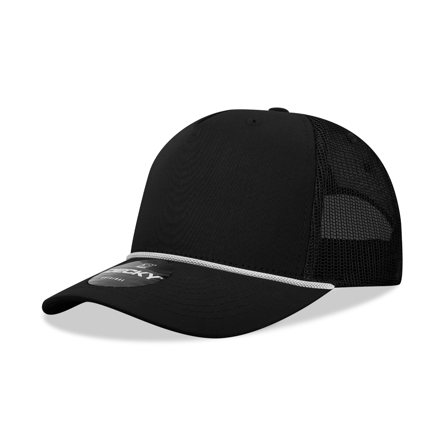Decky Black/White / Standard 5 Panel Mid Profile Structured Cotton/Poly Blend Trucker w/Rope