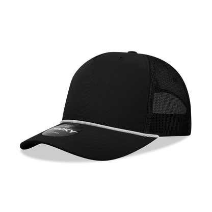 Decky Black/White / Standard 5 Panel Mid Profile Structured Cotton/Poly Blend Trucker w/Rope