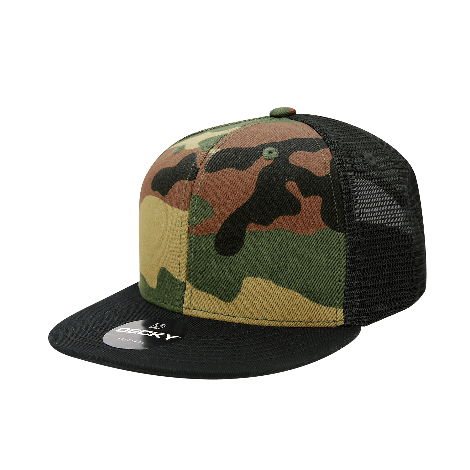 Decky Black/Woodland/Black / OSFM 6 Panel High Profile Structured Camo Trucker