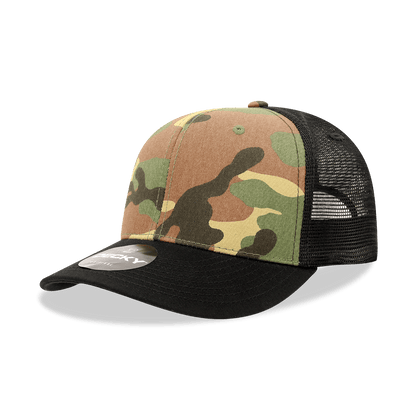 Decky Black/Woodland/Black / OSFM 6 Panel Mid Profile Structured Camo Trucker