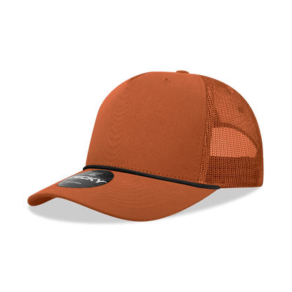 Decky Burnt Orange/Black / Standard 5 Panel Mid Profile Structured Cotton/Poly Blend Trucker w/Rope