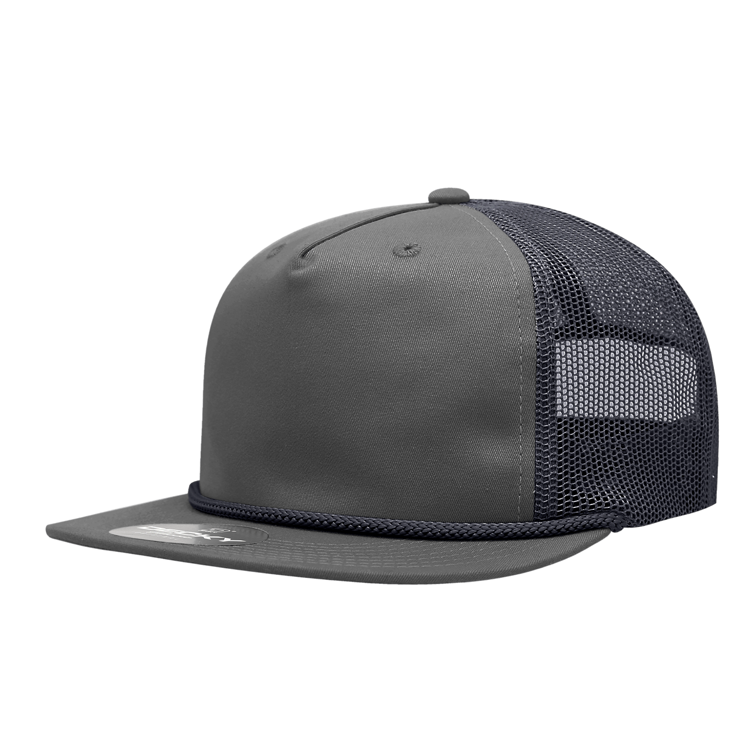 Decky Charcoal/Navy / Standard 5 Panel High Profile Relaxed Cotton Blend Trucker w/Rope