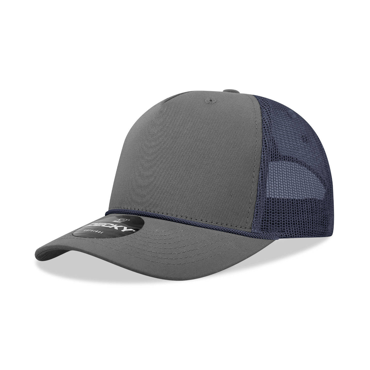 Decky Charcoal/Navy / Standard 5 Panel Mid Profile Structured Cotton/Poly Blend Trucker w/Rope