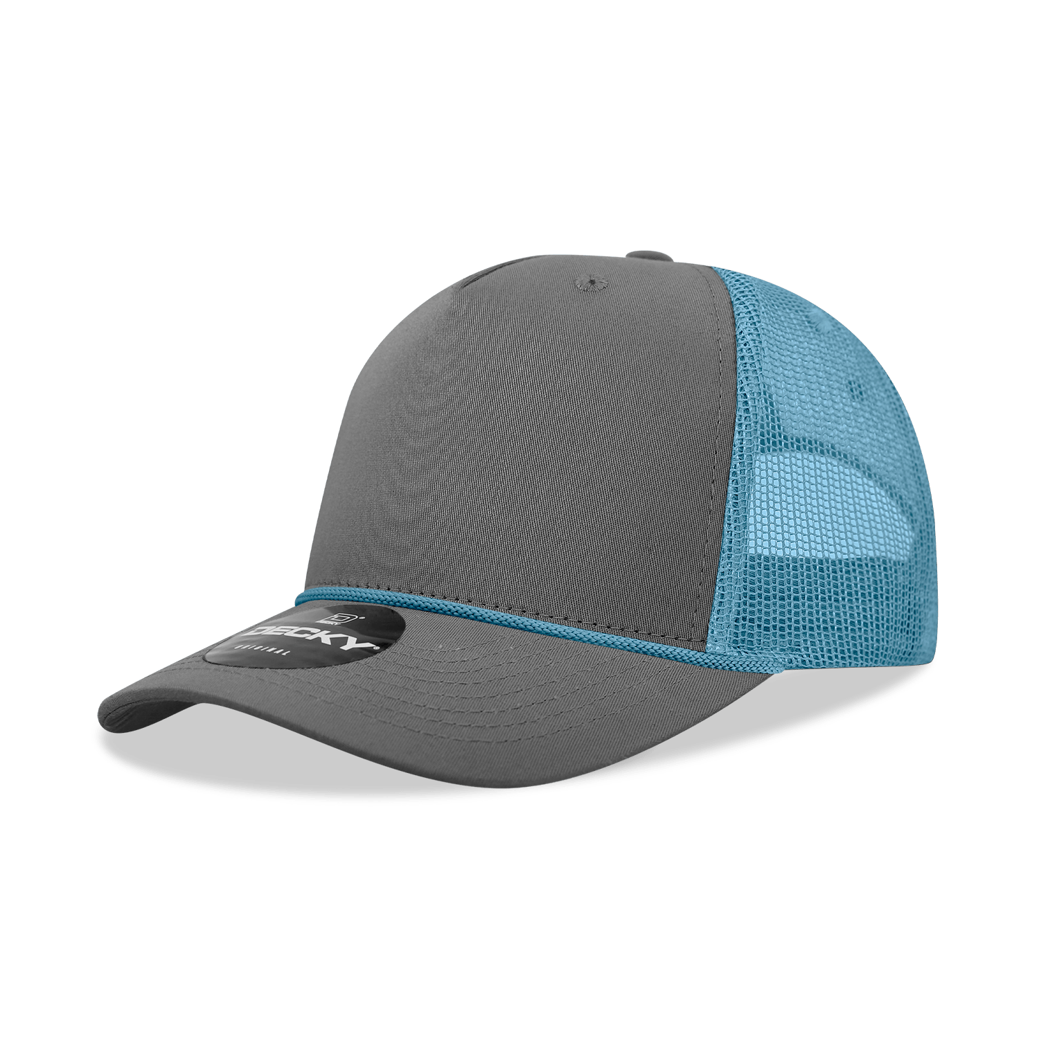 Decky Charcoal/Sky / Standard 5 Panel Mid Profile Structured Cotton/Poly Blend Trucker w/Rope