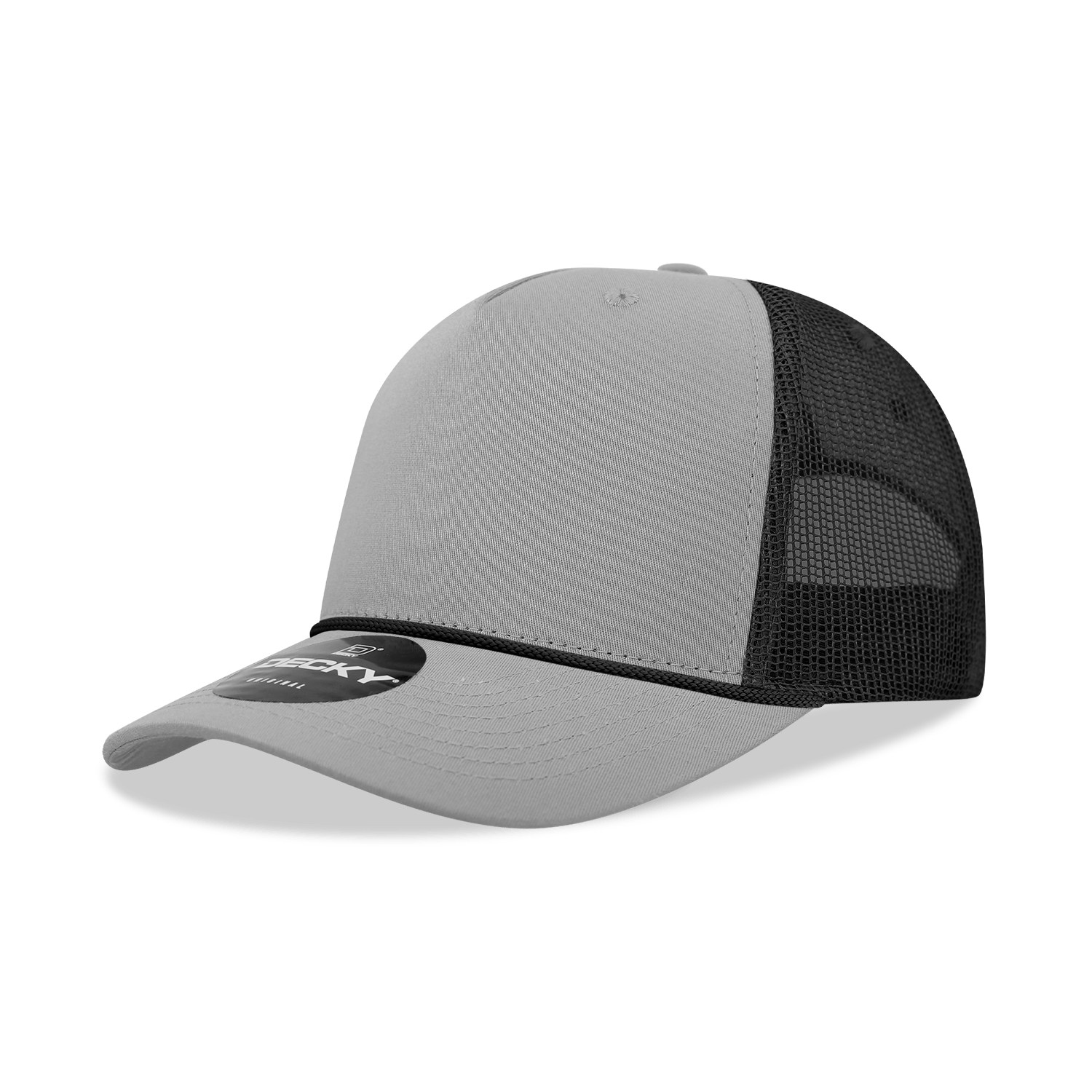 Decky Grey/Black / Standard 5 Panel Mid Profile Structured Cotton/Poly Blend Trucker w/Rope