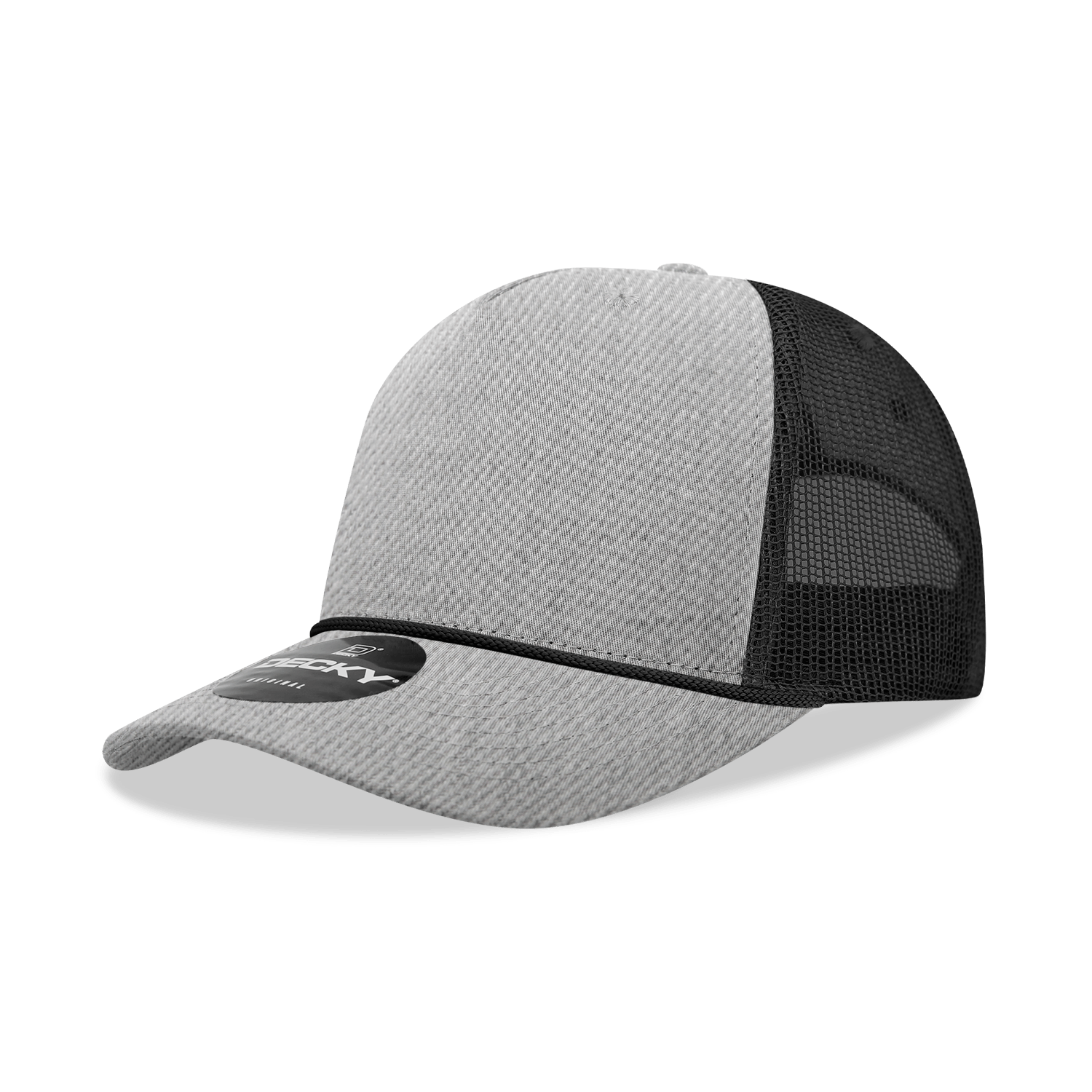 Decky Hather Grey/Black / Standard 5 Panel Mid Profile Structured Cotton/Poly Blend Trucker w/Rope