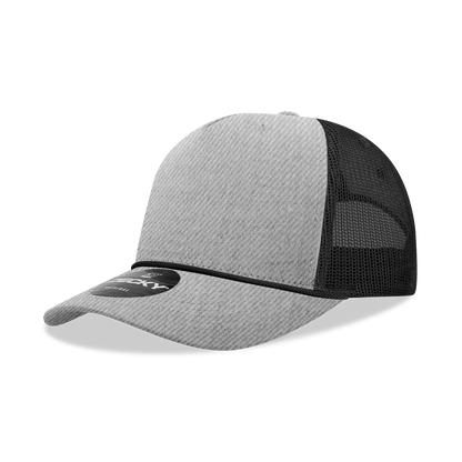Decky Hather Grey/Black / Standard 5 Panel Mid Profile Structured Cotton/Poly Blend Trucker w/Rope