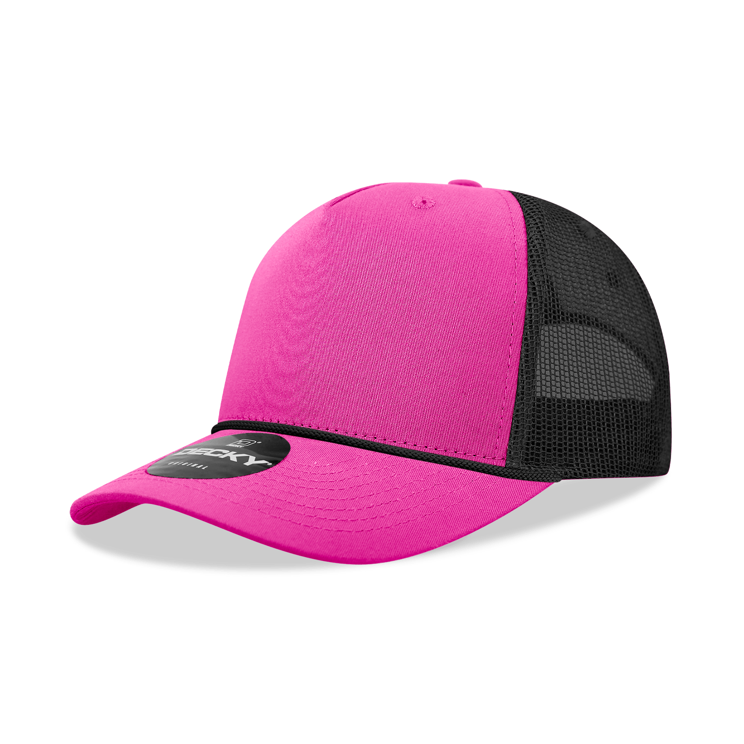 Decky Hot Pink/Black / Standard 5 Panel Mid Profile Structured Cotton/Poly Blend Trucker w/Rope