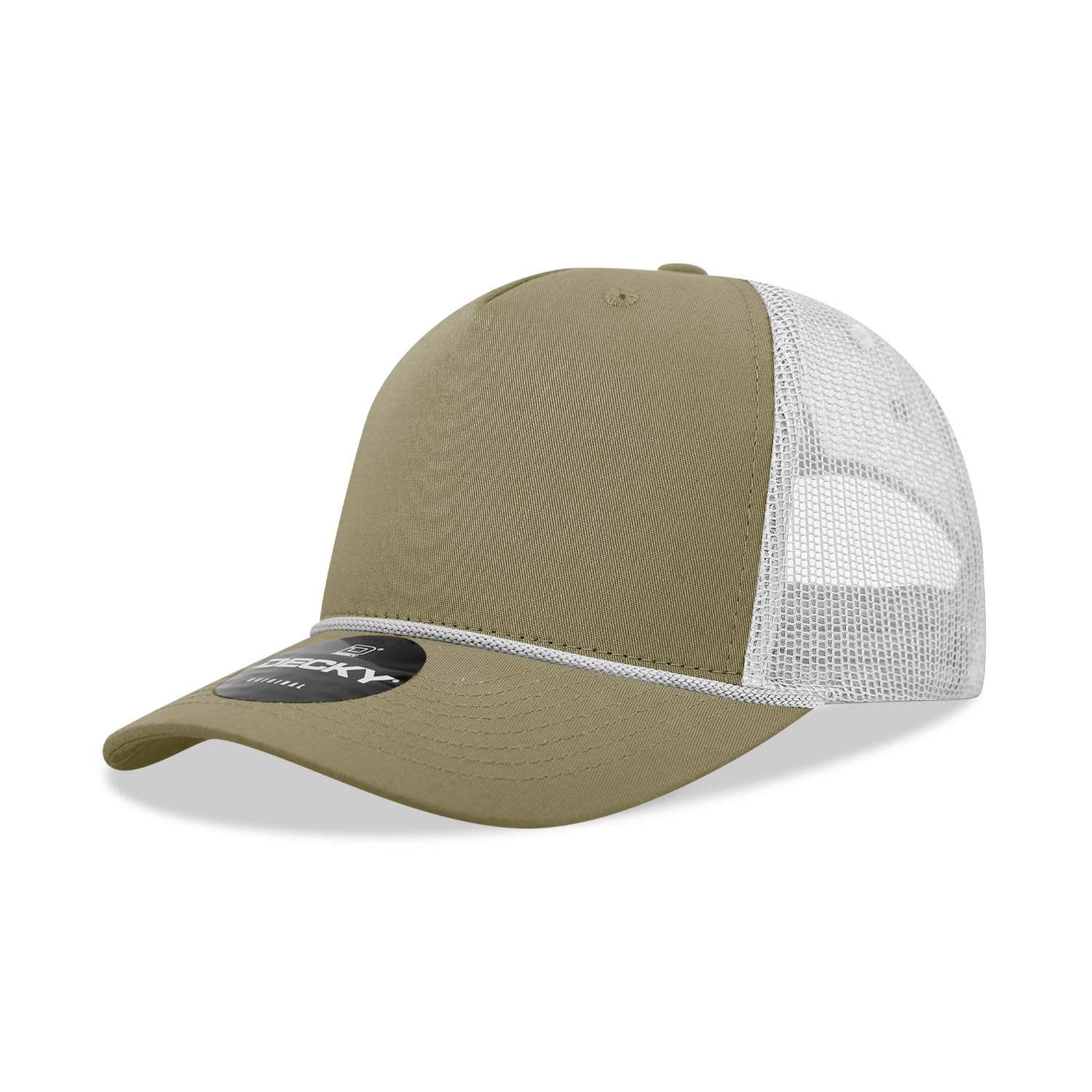 Decky Khaki/White / Standard 5 Panel Mid Profile Structured Cotton/Poly Blend Trucker w/Rope
