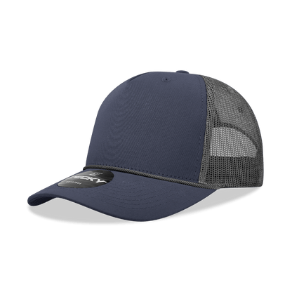 Decky Navy/Charcoal / Standard 5 Panel Mid Profile Structured Cotton/Poly Blend Trucker w/Rope