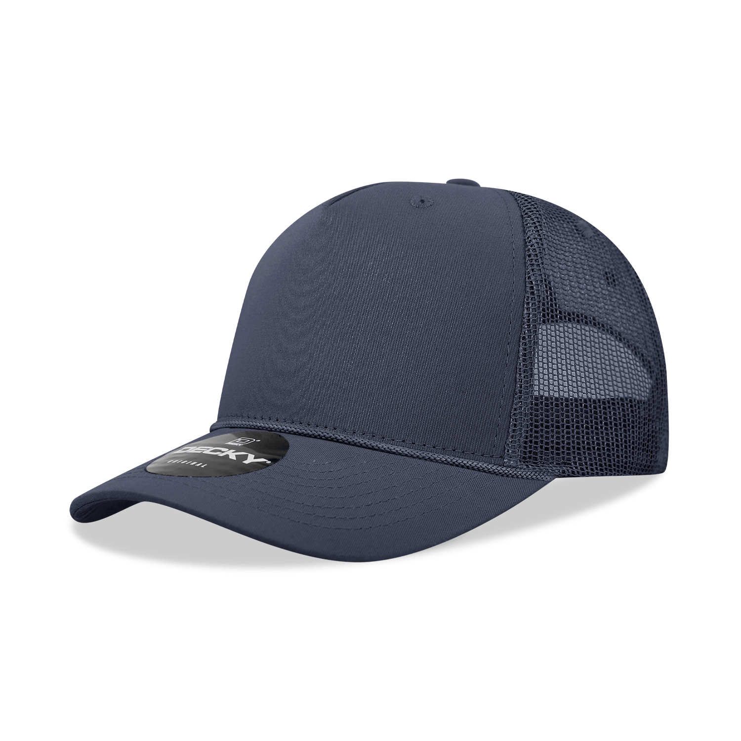 Decky Navy / Standard 5 Panel Mid Profile Structured Cotton/Poly Blend Trucker w/Rope