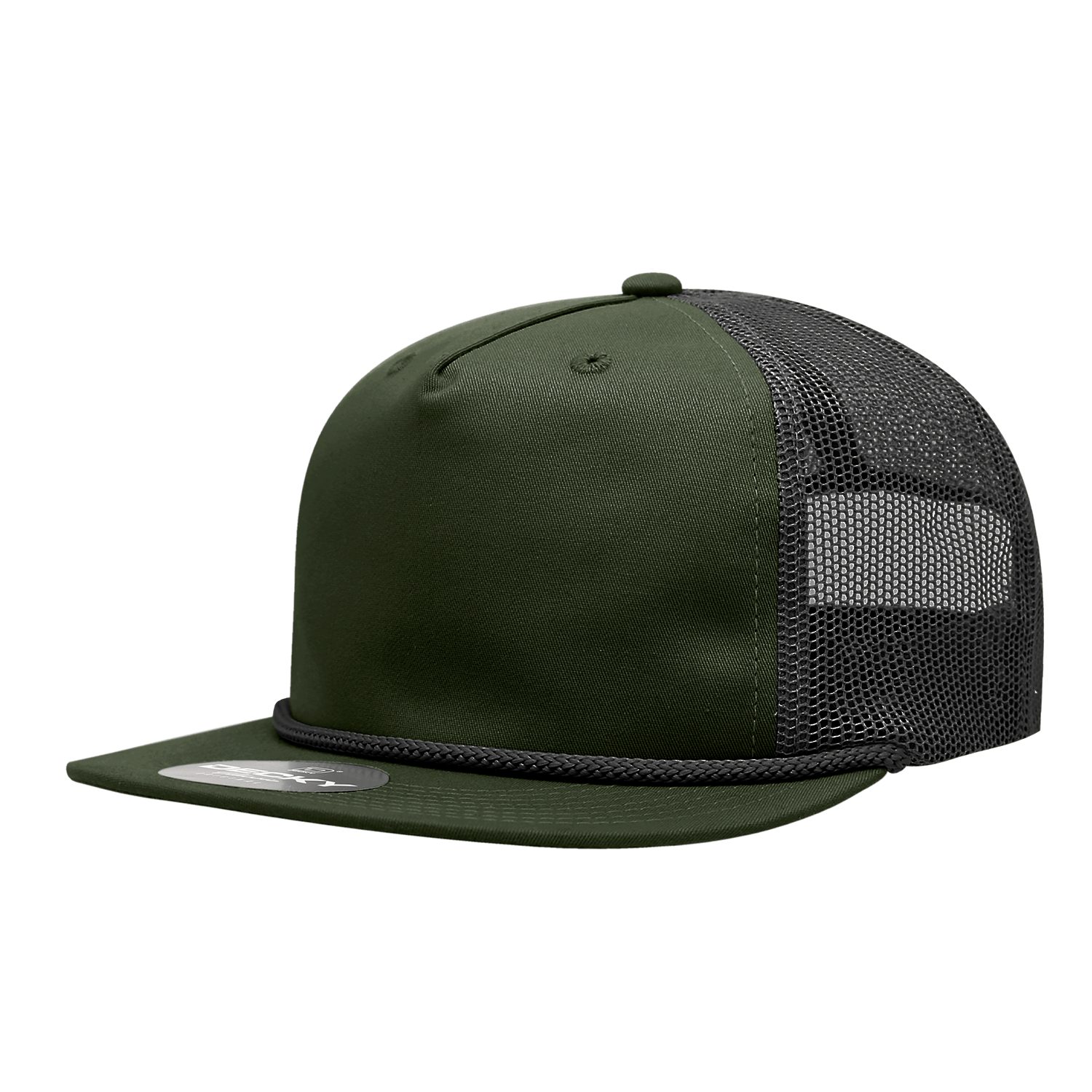 Decky Olive/Black / Standard 5 Panel High Profile Relaxed Cotton Blend Trucker w/Rope