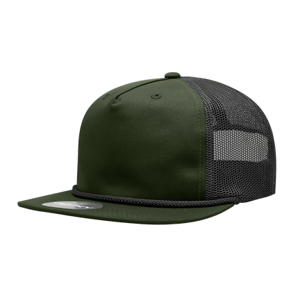 Decky Olive/Black / Standard 5 Panel High Profile Relaxed Cotton Blend Trucker w/Rope