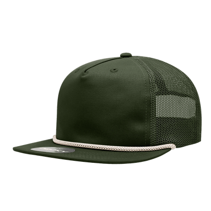 Decky Olive/Ivory / Standard 5 Panel High Profile Relaxed Cotton Blend Trucker w/Rope