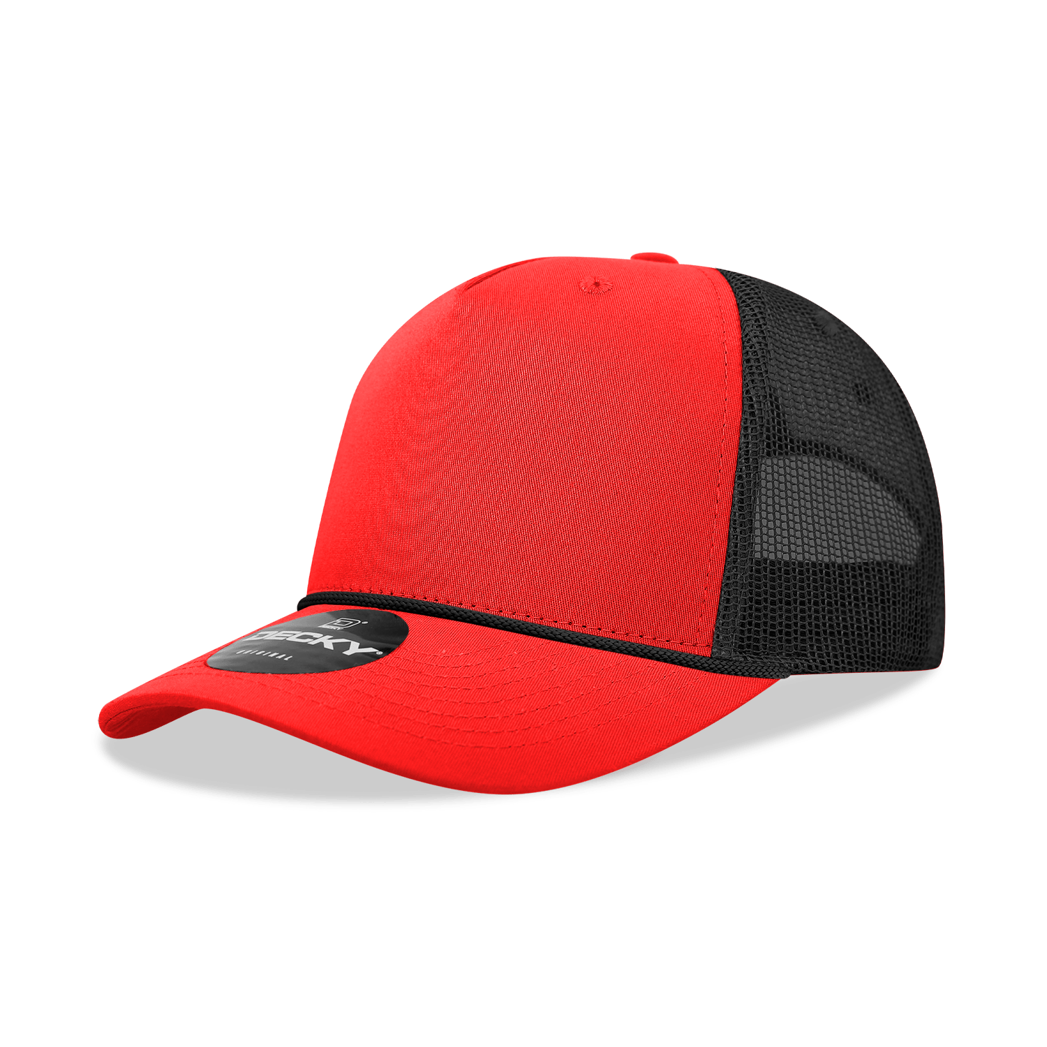 Decky Red/Black / Standard 5 Panel Mid Profile Structured Cotton/Poly Blend Trucker w/Rope