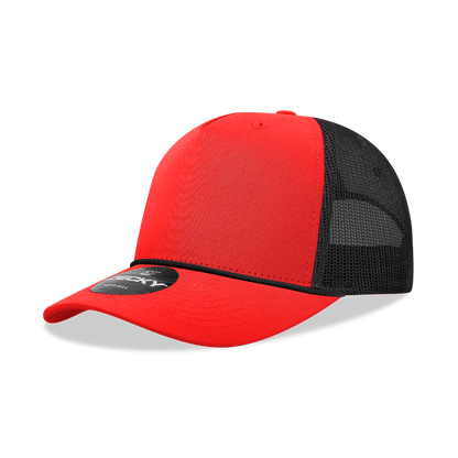 Decky Red/Black / Standard 5 Panel Mid Profile Structured Cotton/Poly Blend Trucker w/Rope