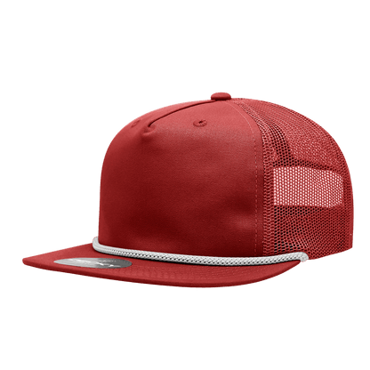 Decky Red/White / Standard 5 Panel High Profile Relaxed Cotton Blend Trucker w/Rope