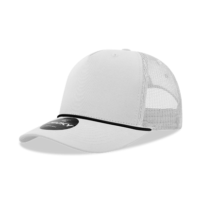 Decky White/Black / Standard 5 Panel Mid Profile Structured Cotton/Poly Blend Trucker w/Rope