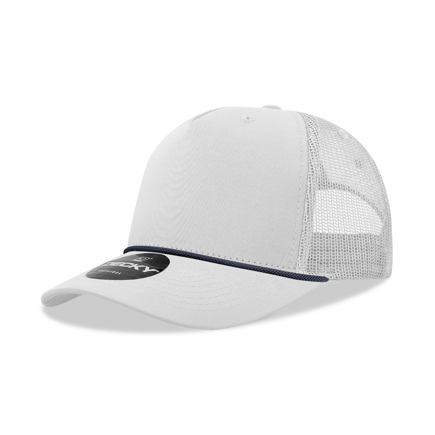 Decky White/Navy / Standard 5 Panel Mid Profile Structured Cotton/Poly Blend Trucker w/Rope
