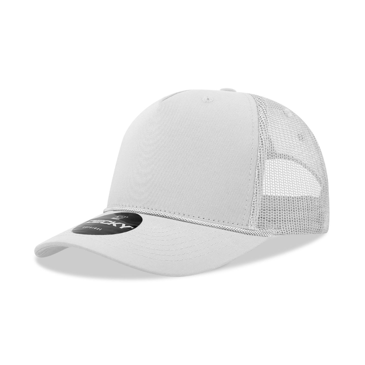 Decky White / Standard 5 Panel Mid Profile Structured Cotton/Poly Blend Trucker w/Rope