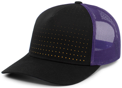 Pacific Headwear BLACK/PURPLE/GOLD / OS Perforated 5-Panel Trucker Snapback Cap